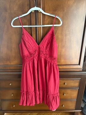 Red Spaghetti-Strap Dress with Lace Trim